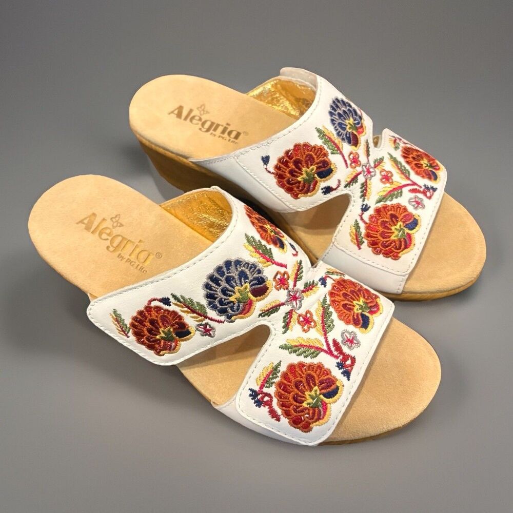 ALEGRIA tan Floral Embroidered Leather Wedge Slip On sandals 39 8.5 EUC Clean!